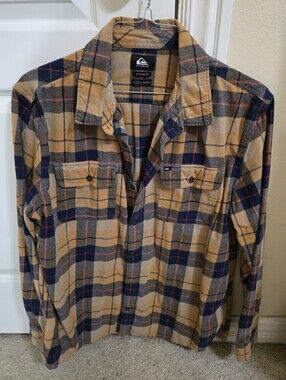 Quiksilver Tan and Navy Plaid Button-Up Shirt